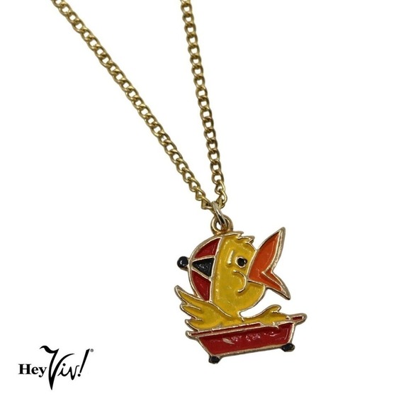Vintage 80s Enamel Charm Necklace Cute Yellow Duck in a Boat 16" Chain - Hey Viv - Picture 1 of 4